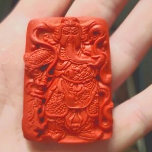 New Carved Red Cinnabar Guan Yu Pendant.